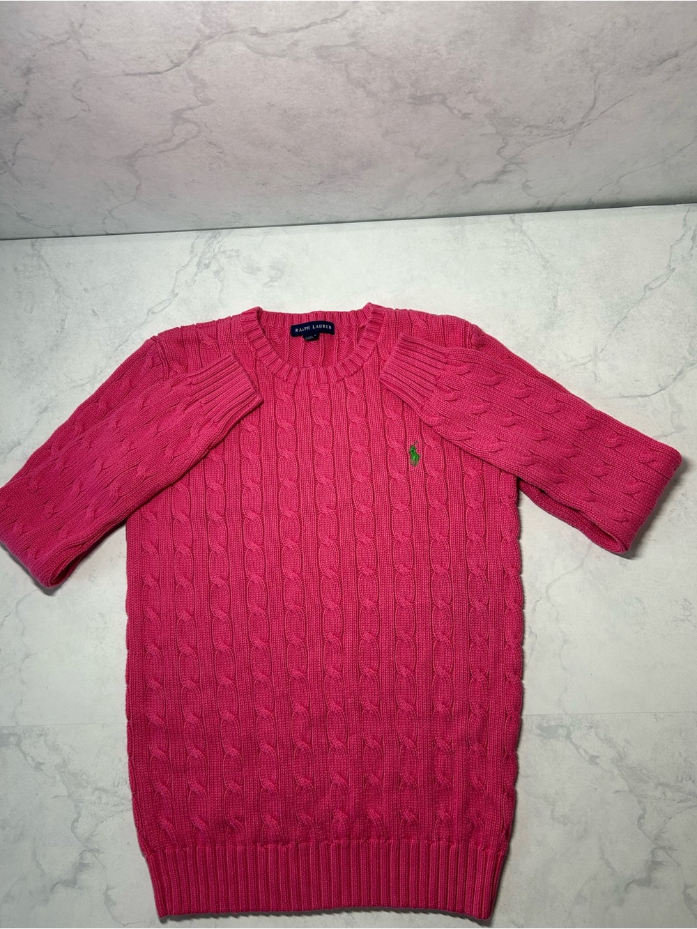 Polo Ralph Lauren Women’s S Pink Cable Knit Cotton Sweater Green Pony
